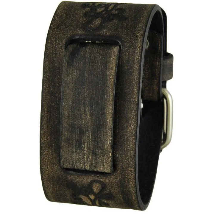 Flower Embossed Distressed Dark Brown Leather Ladies Cuff