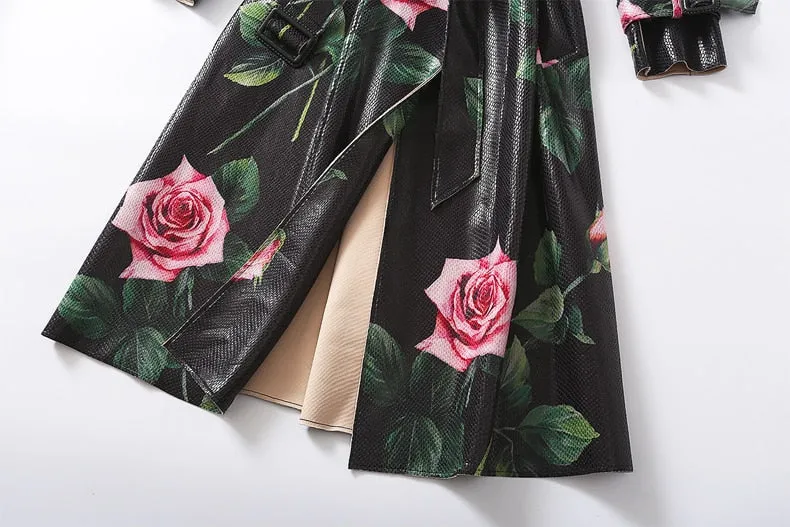 Flower Print Bright Leather trench coat Women