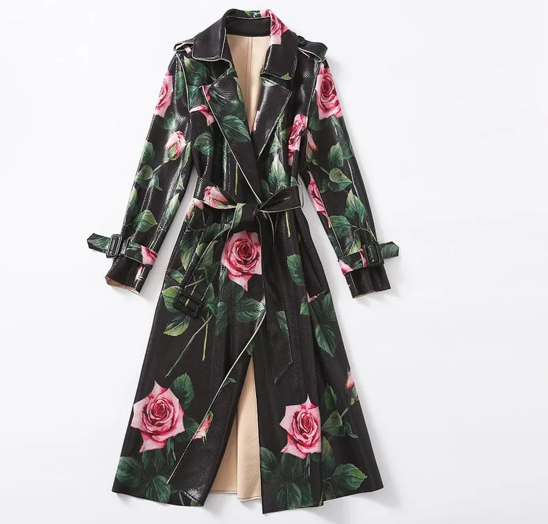 Flower Print Bright Leather trench coat Women