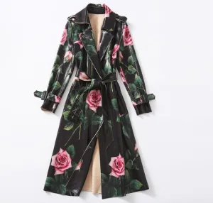 Flower Print Bright Leather trench coat Women