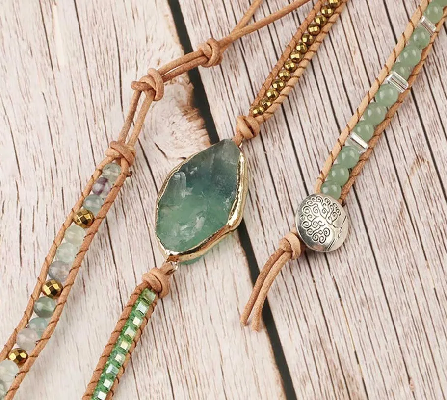 Fluorite & Aventurine Leather Wrap Bracelet