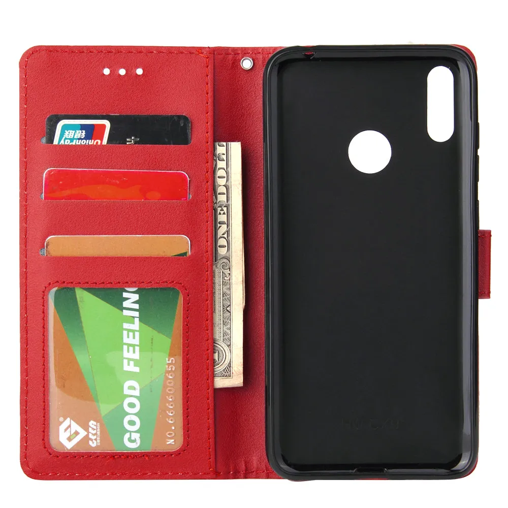 For HUAWEI Enjoy 9/ Y7 2019 /Y7 PRO 2019/Y7 PRIME 2019 Flip-type Leather Protective Phone Case with 3 Card Position Buckle Design Phone Cover  red