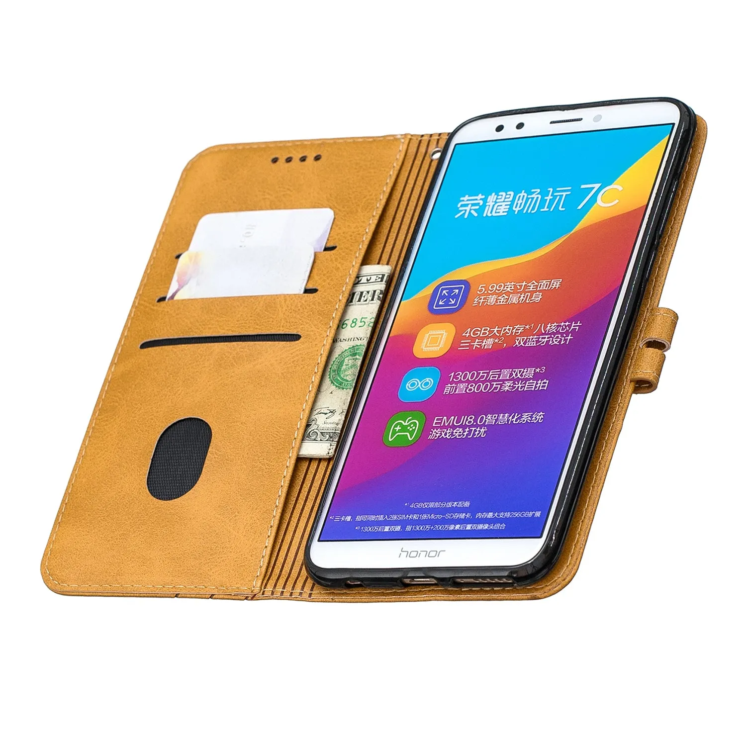 For HUAWEI Honor 7C-Enjoy 8-Y7 2018-Y7 Pro 2018 Denim Pattern Solid Color Flip Wallet PU Leather Protective Phone Case with Buckle & Bracket yellow