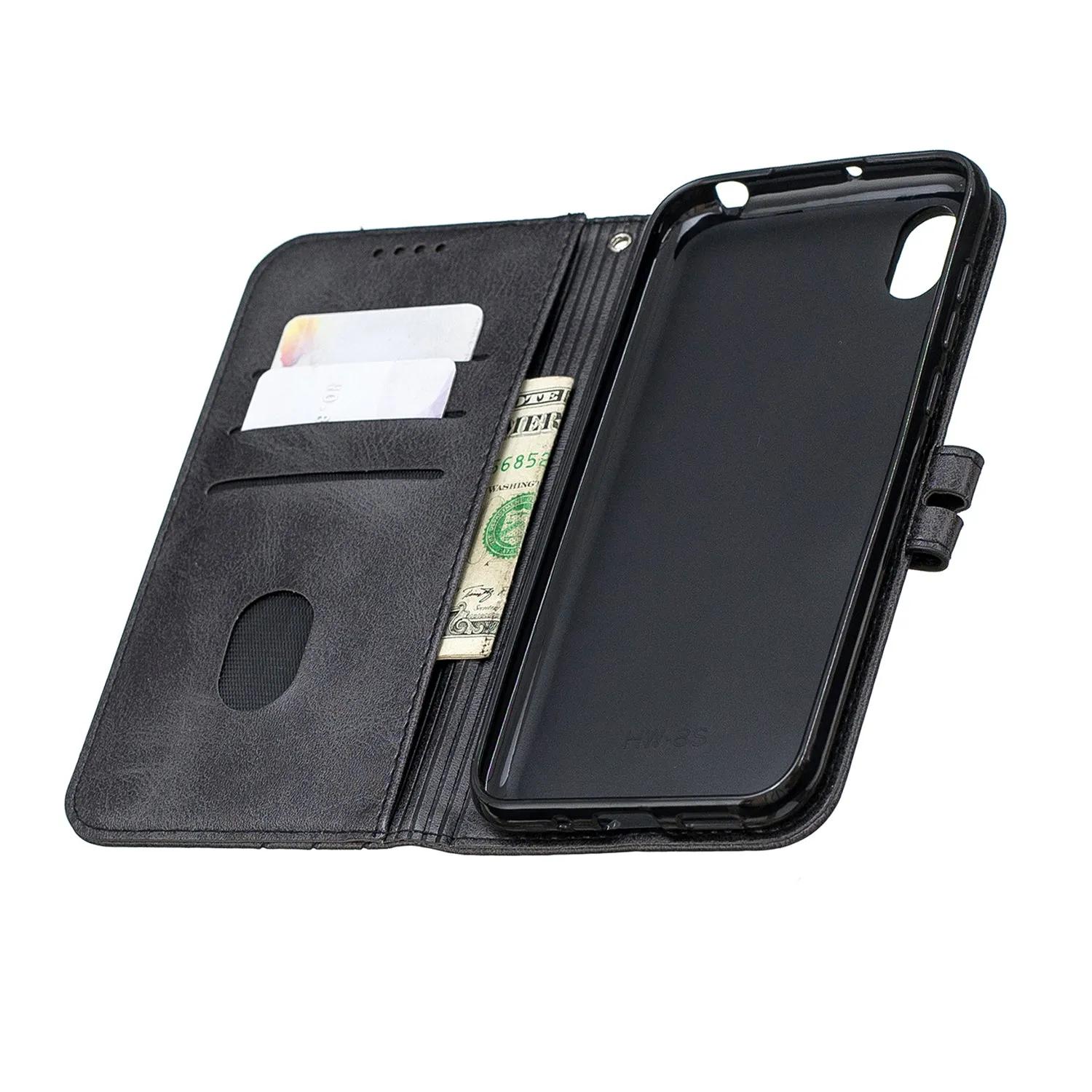 For HUAWEI Y5 2019 Denim Pattern Solid Color Flip Wallet PU Leather Protective Phone Case with Buckle & Bracket black