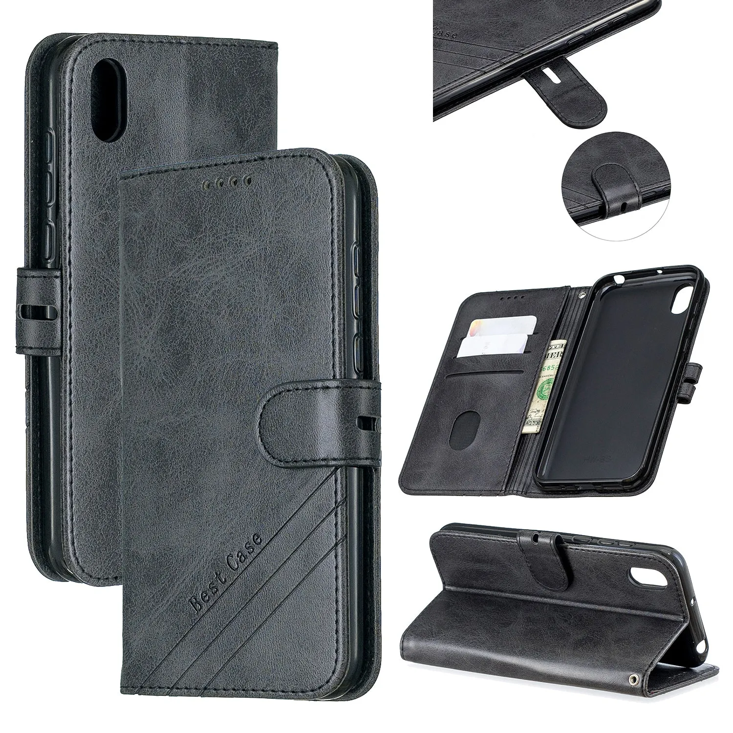 For HUAWEI Y5 2019 Denim Pattern Solid Color Flip Wallet PU Leather Protective Phone Case with Buckle & Bracket black