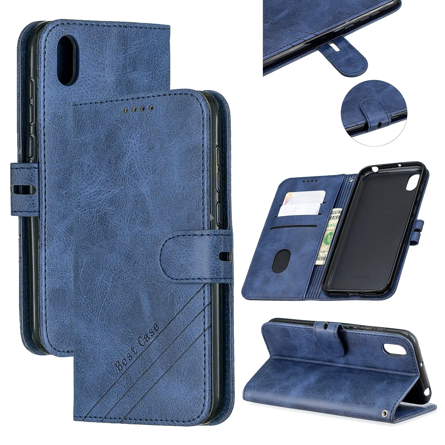 For HUAWEI Y5 2019 Denim Pattern Solid Color Flip Wallet PU Leather Protective Phone Case with Buckle & Bracket brown