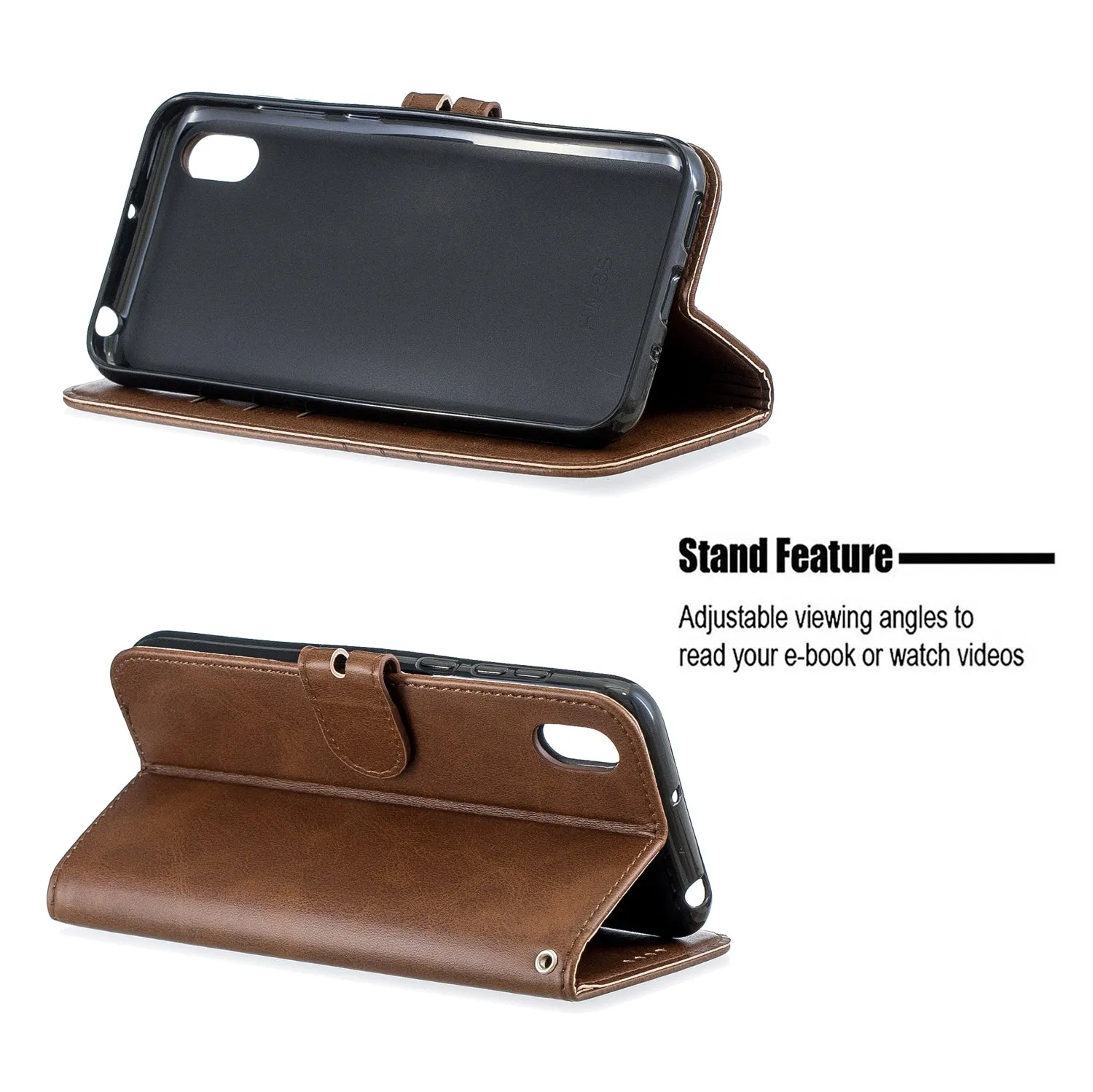 For HUAWEI Y5 2019 Denim Pattern Solid Color Flip Wallet PU Leather Protective Phone Case with Buckle & Bracket brown