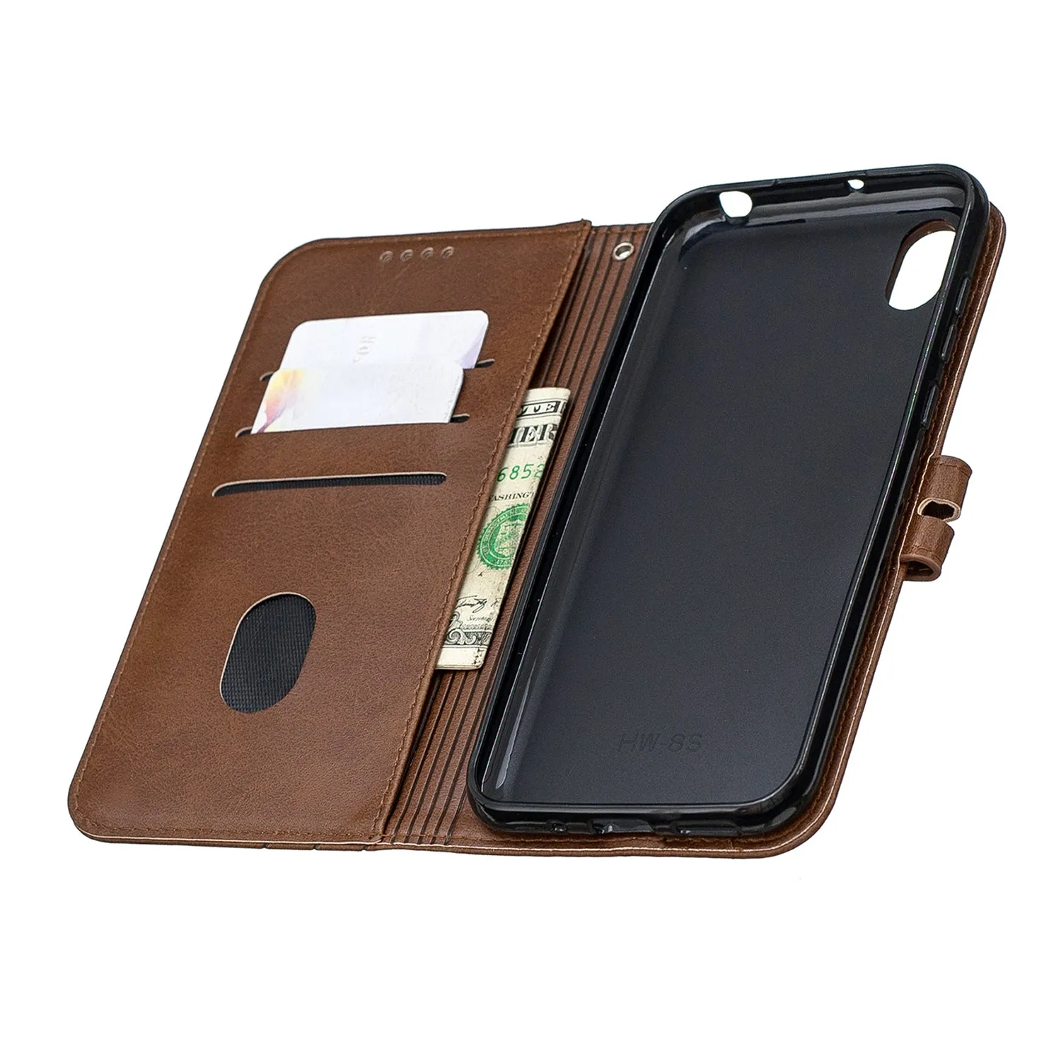 For HUAWEI Y5 2019 Denim Pattern Solid Color Flip Wallet PU Leather Protective Phone Case with Buckle & Bracket brown