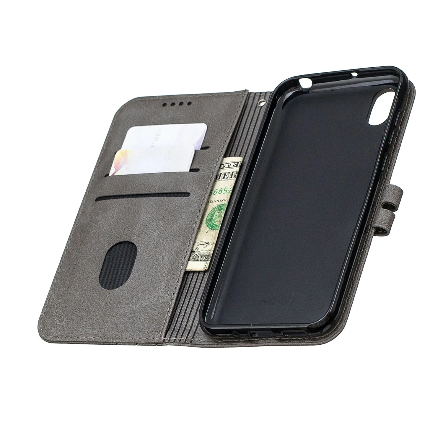 For HUAWEI Y5 2019 Denim Pattern Solid Color Flip Wallet PU Leather Protective Phone Case with Buckle & Bracket gray