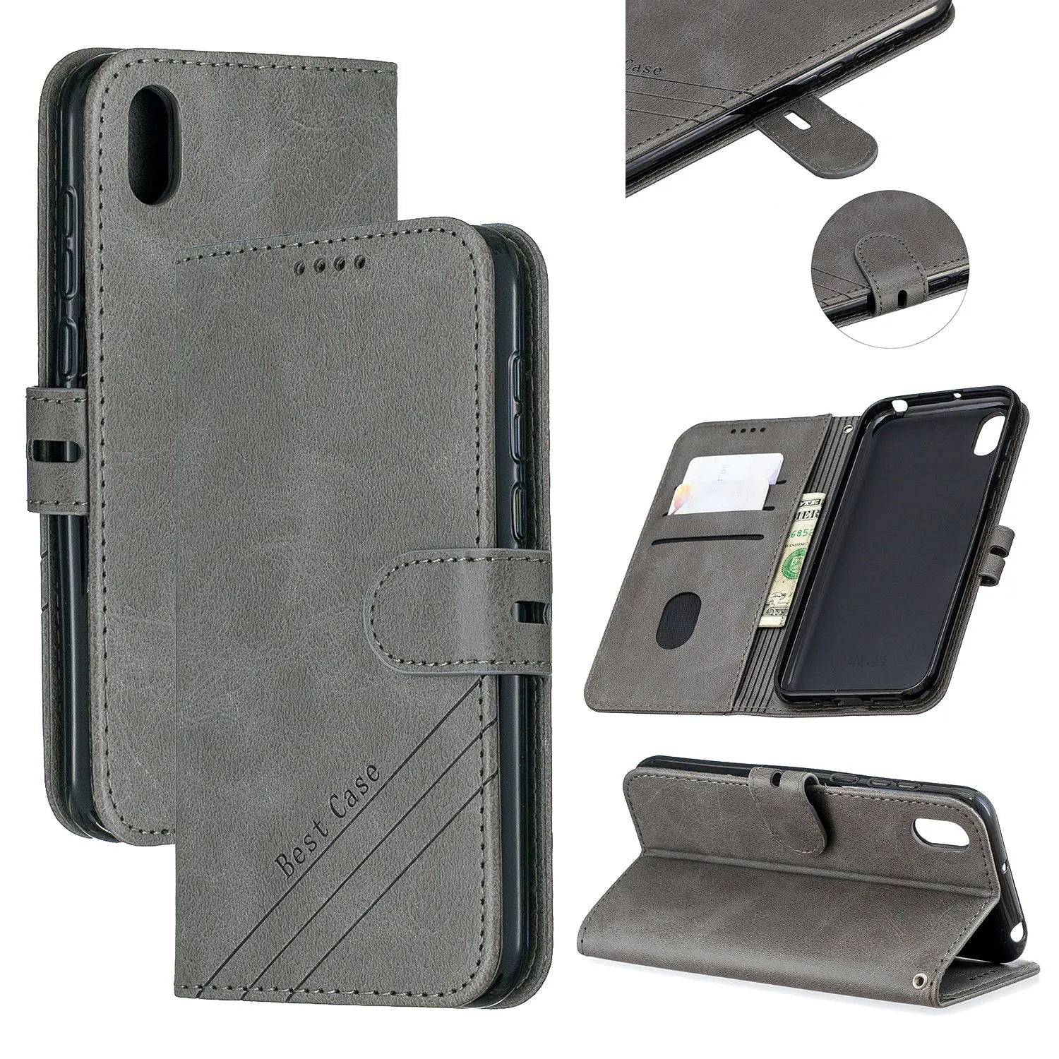 For HUAWEI Y5 2019 Denim Pattern Solid Color Flip Wallet PU Leather Protective Phone Case with Buckle & Bracket gray
