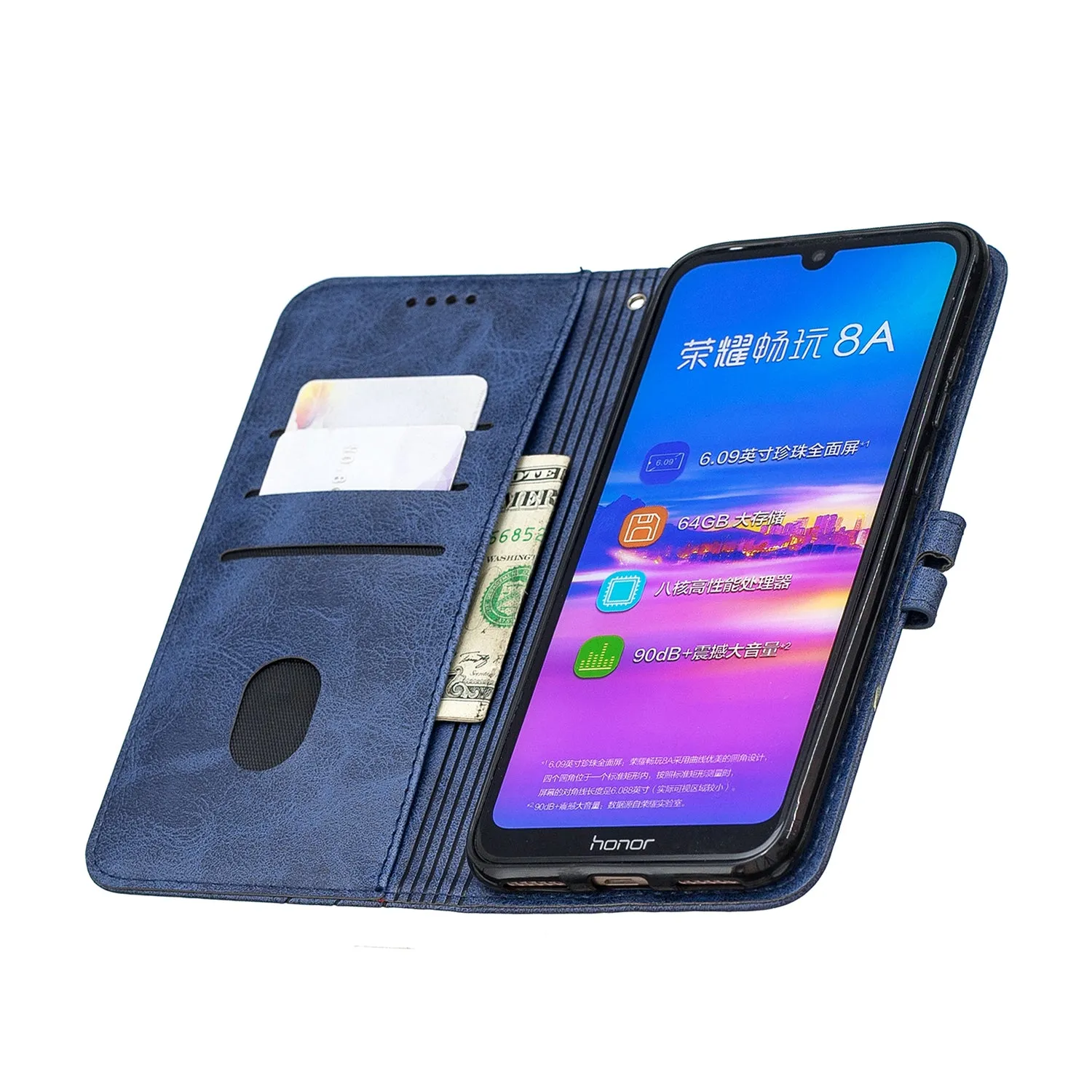 For HUAWEI Y6 2019 Denim Pattern Solid Color Flip Wallet PU Leather Protective Phone Case with Buckle & Bracket blue