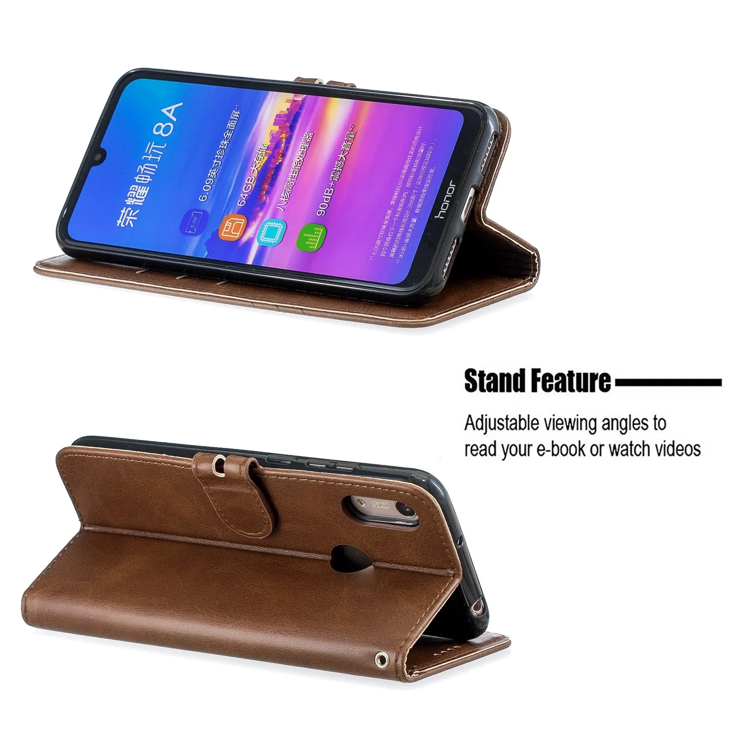 For HUAWEI Y6 2019 Denim Pattern Solid Color Flip Wallet PU Leather Protective Phone Case with Buckle & Bracket brown