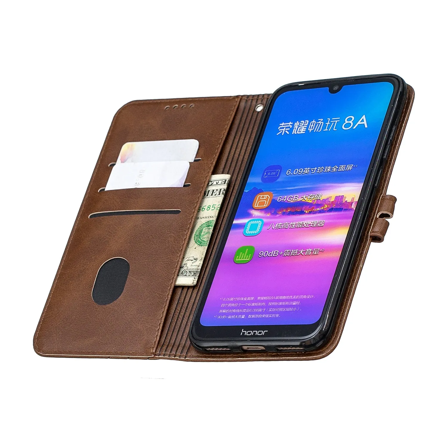 For HUAWEI Y6 2019 Denim Pattern Solid Color Flip Wallet PU Leather Protective Phone Case with Buckle & Bracket brown