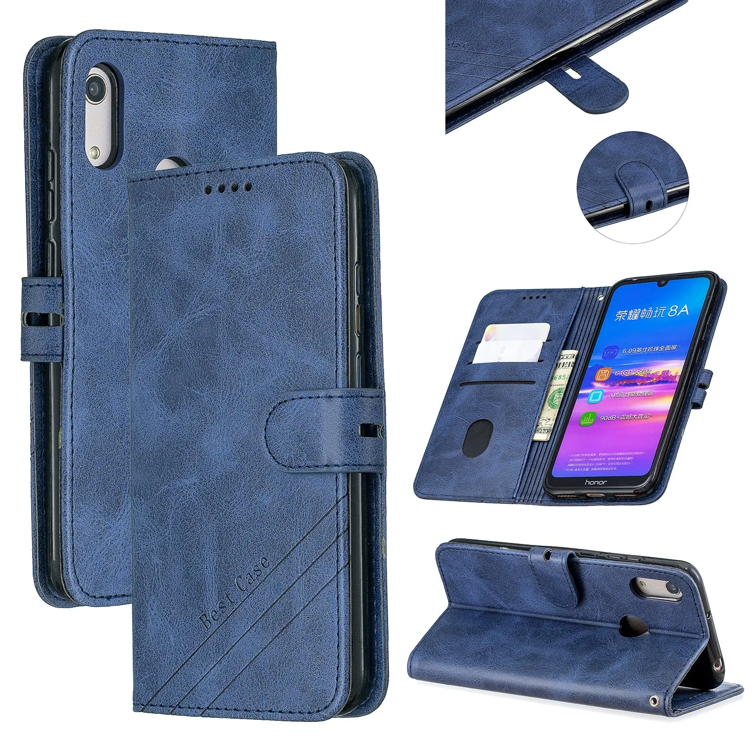 For HUAWEI Y6 2019 Denim Pattern Solid Color Flip Wallet PU Leather Protective Phone Case with Buckle & Bracket brown