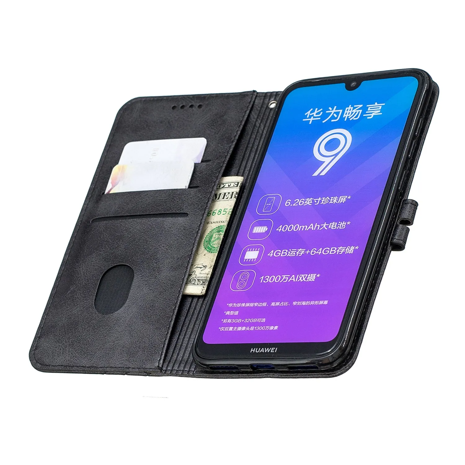 For HUAWEI Y7 2019 Denim Pattern Solid Color Flip Wallet PU Leather Protective Phone Case with Buckle & Bracket black