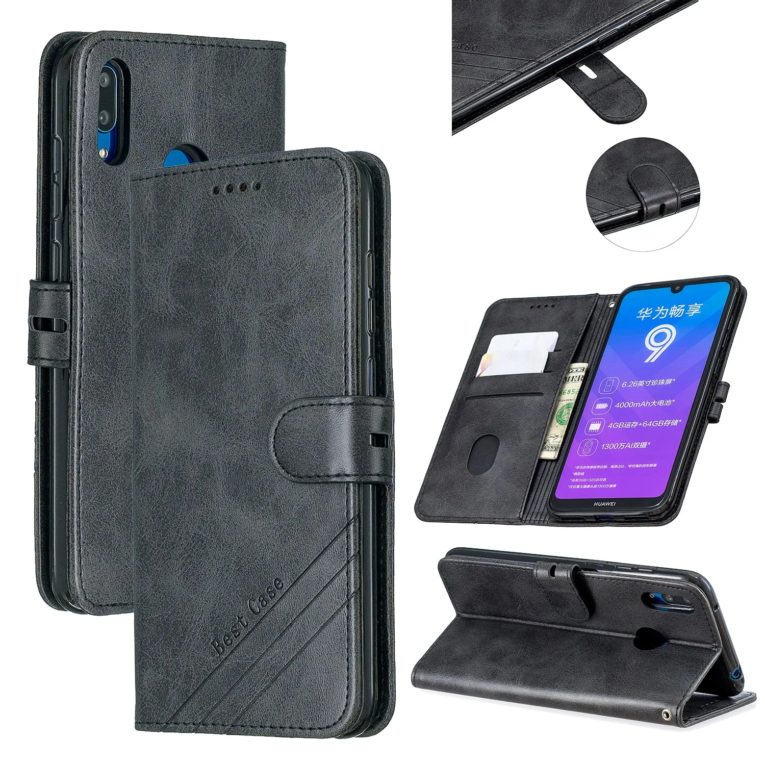 For HUAWEI Y7 2019 Denim Pattern Solid Color Flip Wallet PU Leather Protective Phone Case with Buckle & Bracket black