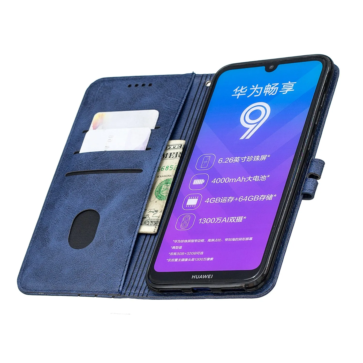 For HUAWEI Y7 2019 Denim Pattern Solid Color Flip Wallet PU Leather Protective Phone Case with Buckle & Bracket blue