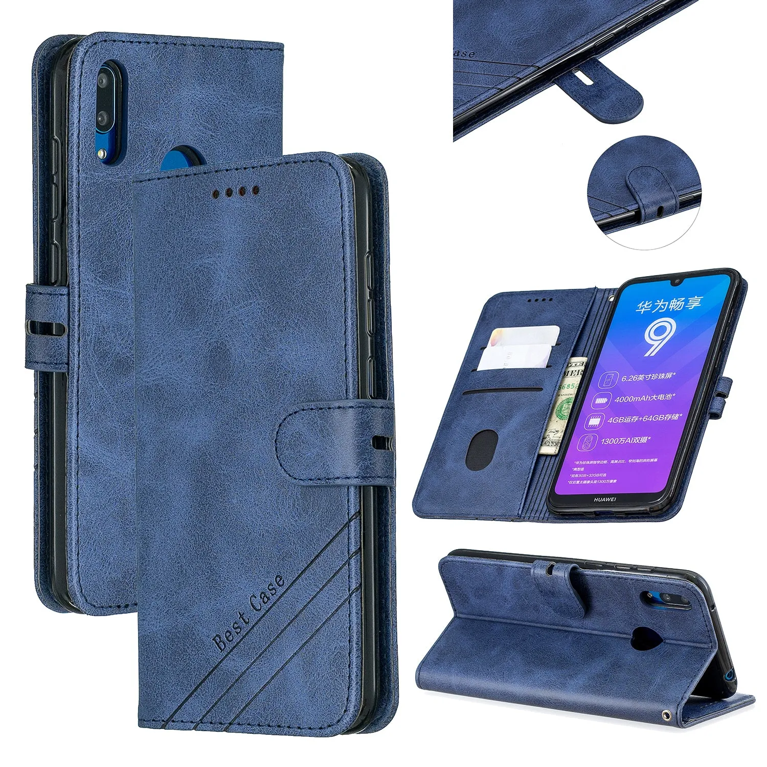 For HUAWEI Y7 2019 Denim Pattern Solid Color Flip Wallet PU Leather Protective Phone Case with Buckle & Bracket yellow