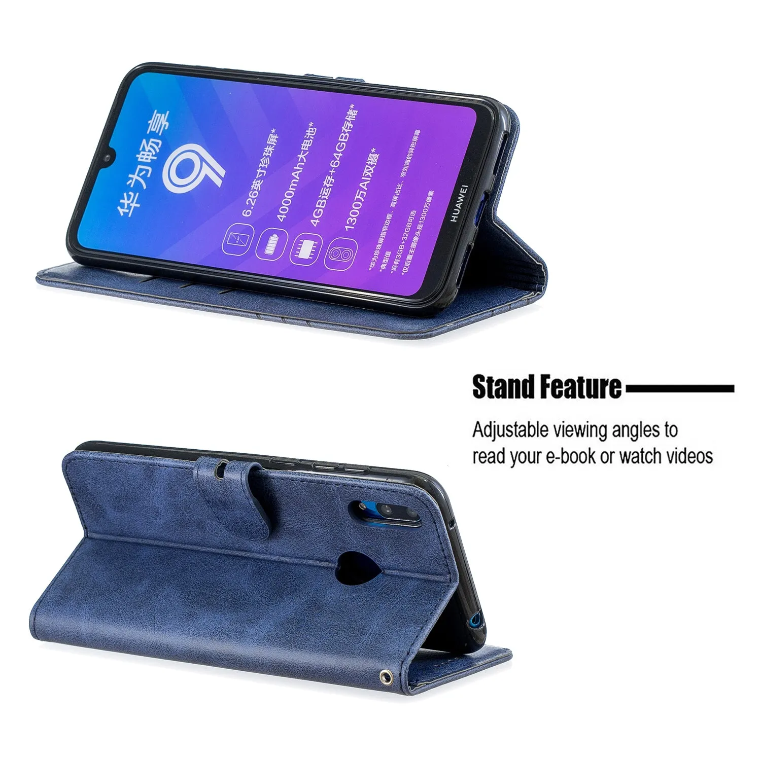For HUAWEI Y7 2019 Denim Pattern Solid Color Flip Wallet PU Leather Protective Phone Case with Buckle & Bracket yellow