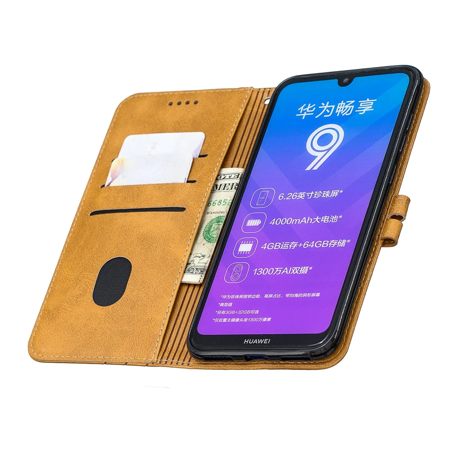 For HUAWEI Y7 2019 Denim Pattern Solid Color Flip Wallet PU Leather Protective Phone Case with Buckle & Bracket yellow