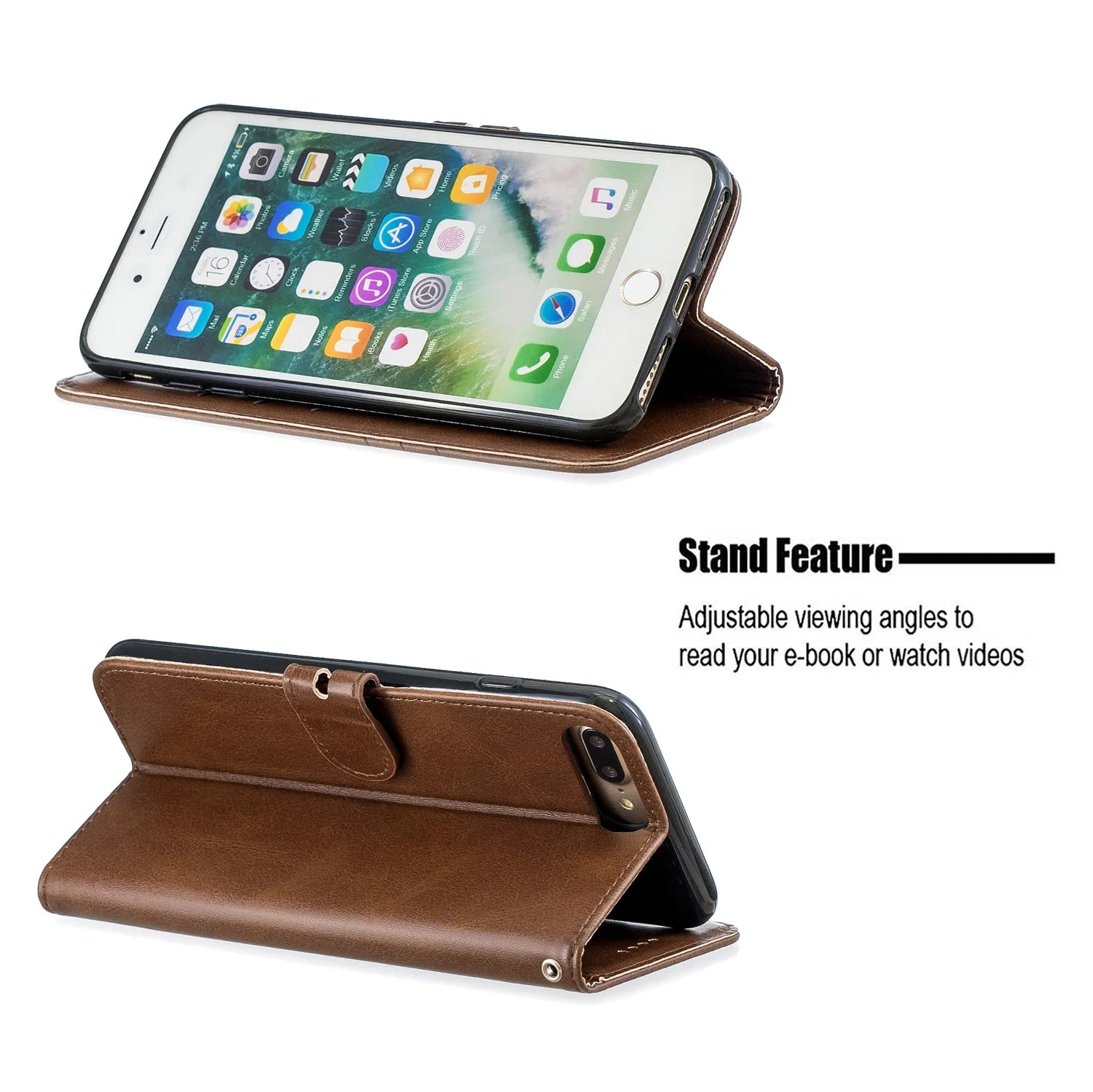 For iPhone 6 plus / 6S plus / 7 plus / 8 plus Denim Pattern Solid Color Flip Wallet PU Leather Protective Phone Case with Buckle & Bracket brown