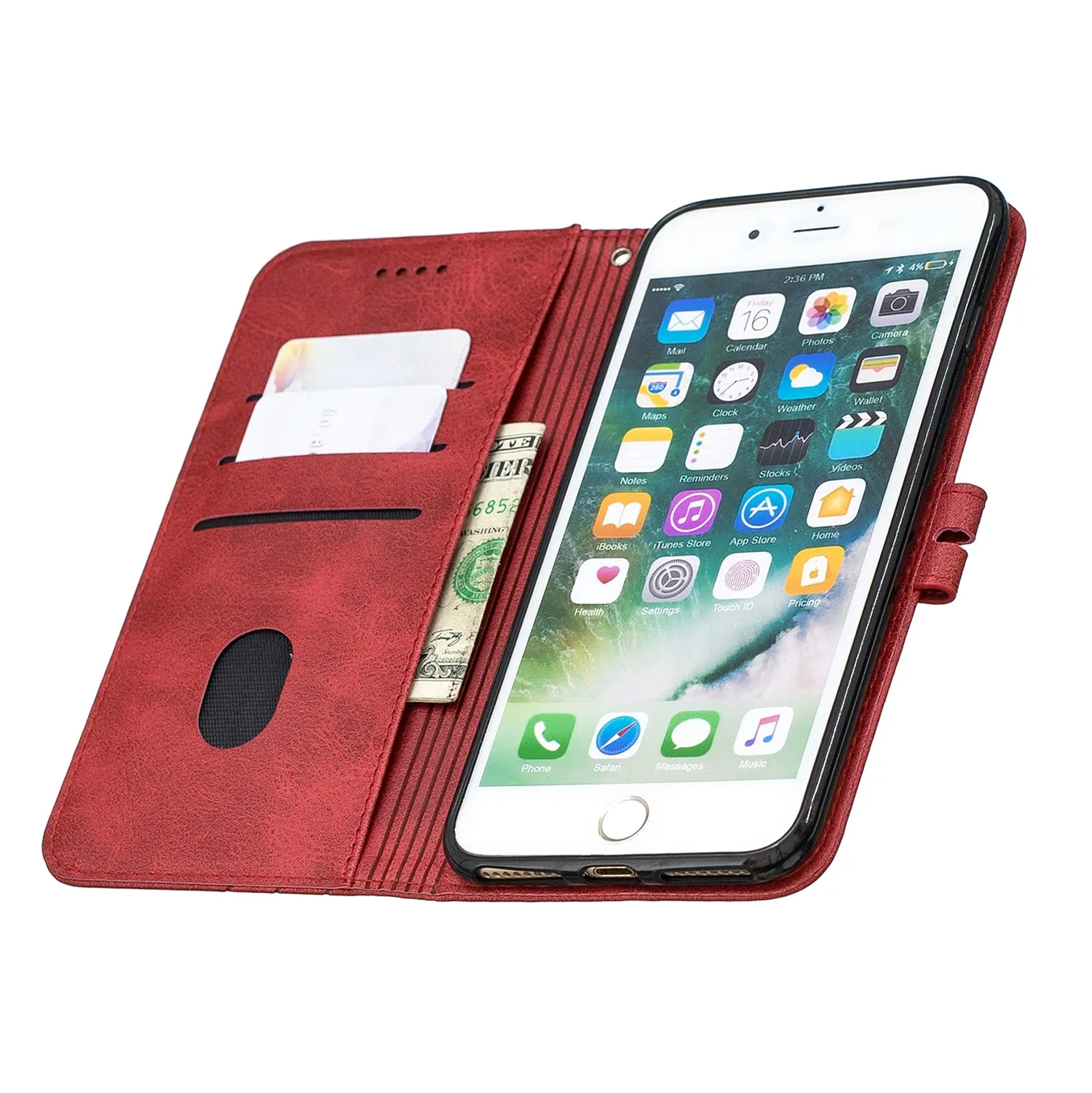 For iPhone 6 plus / 6S plus / 7 plus / 8 plus Denim Pattern Solid Color Flip Wallet PU Leather Protective Phone Case with Buckle & Bracket red
