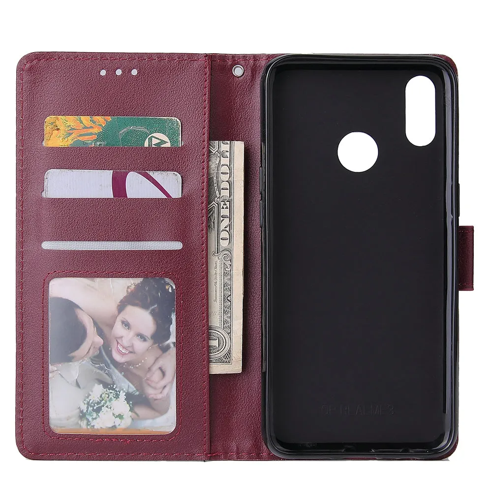 For OPPO Realme 3 pro Flip-type Leather Protective Phone Case with 3 Card Position Buckle Design Phone Cover  Red wine