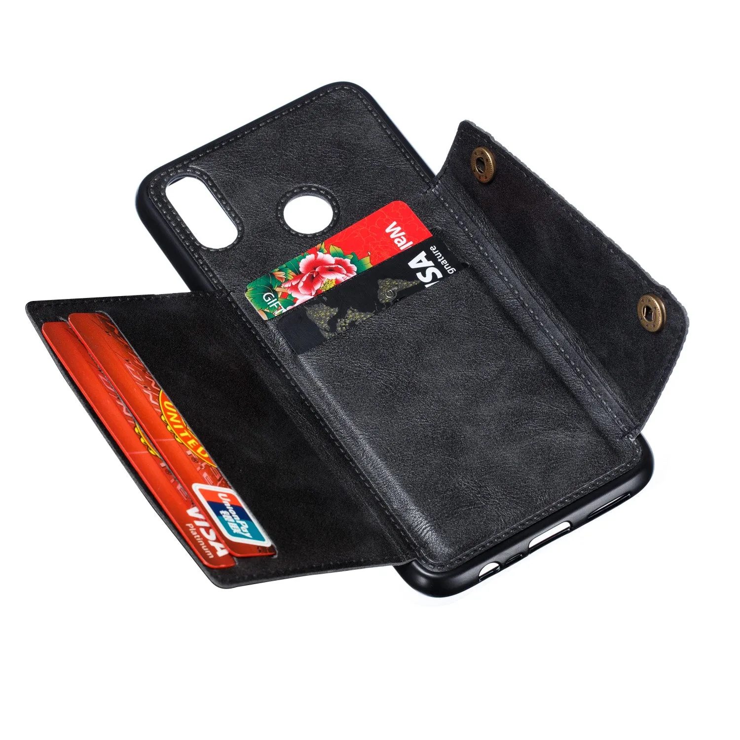 For OPPO Realme 3 PU Leather Flip Stand Shockproof Cell Phone Cover Double Buckle Anti-dust Case With Card Slots Pocket black