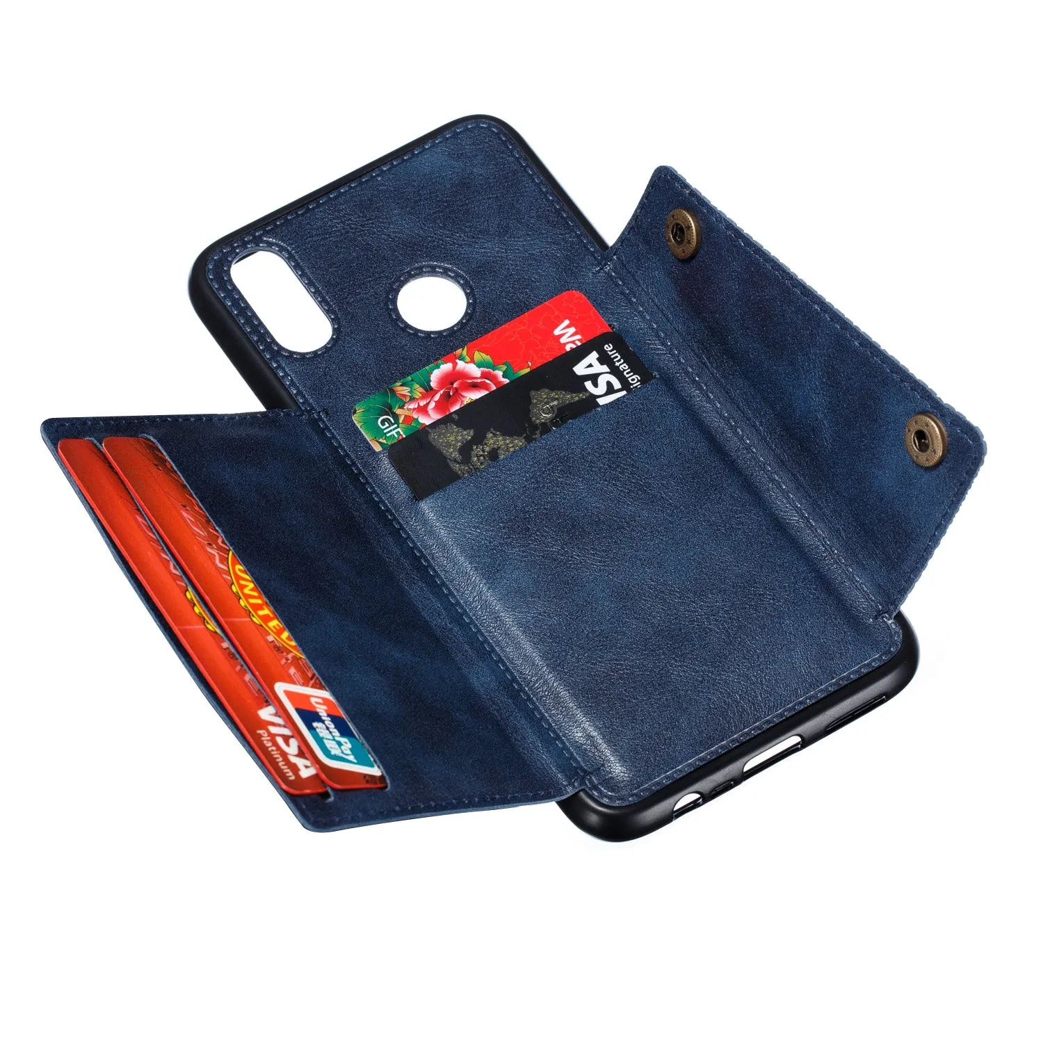 For OPPO Realme 3 PU Leather Flip Stand Shockproof Cell Phone Cover Double Buckle Anti-dust Case With Card Slots Pocket blue