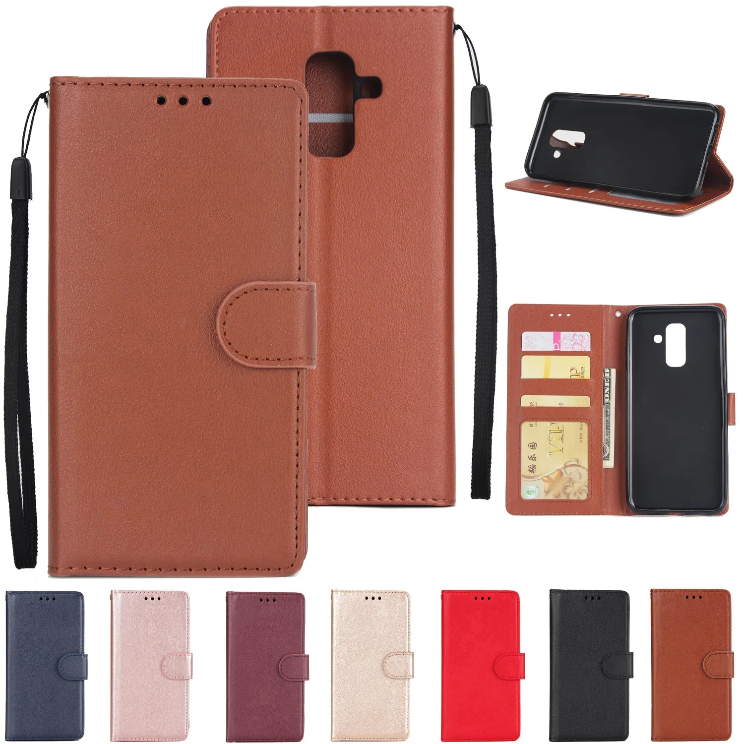 For Samsung A6 PLUS 2018 Flip-type Leather Protective Phone Case with 3 Card Position brown
