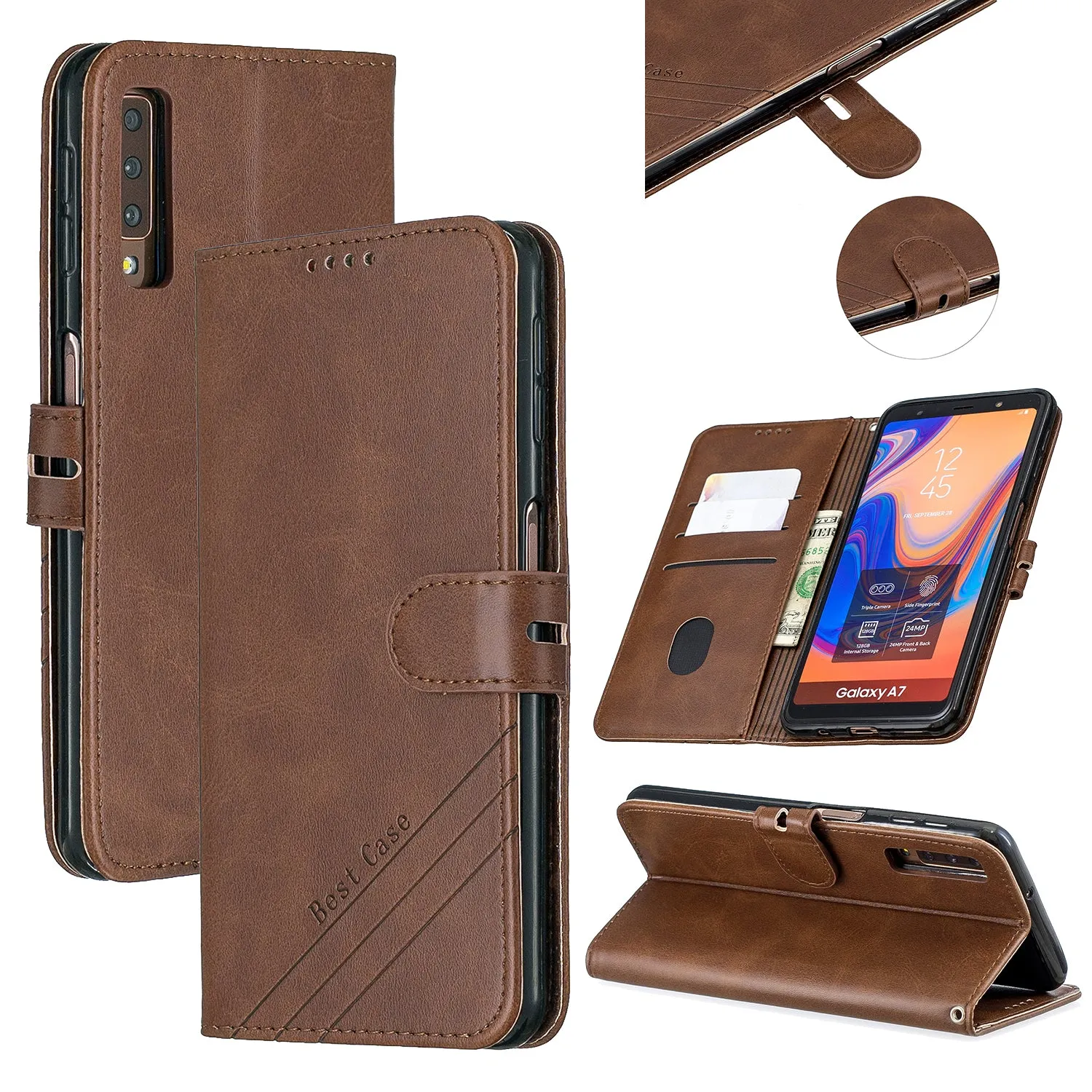 For Samsung A7 2018 Denim Pattern Solid Color Flip Wallet PU Leather Protective Phone Case with Buckle & Bracket blue