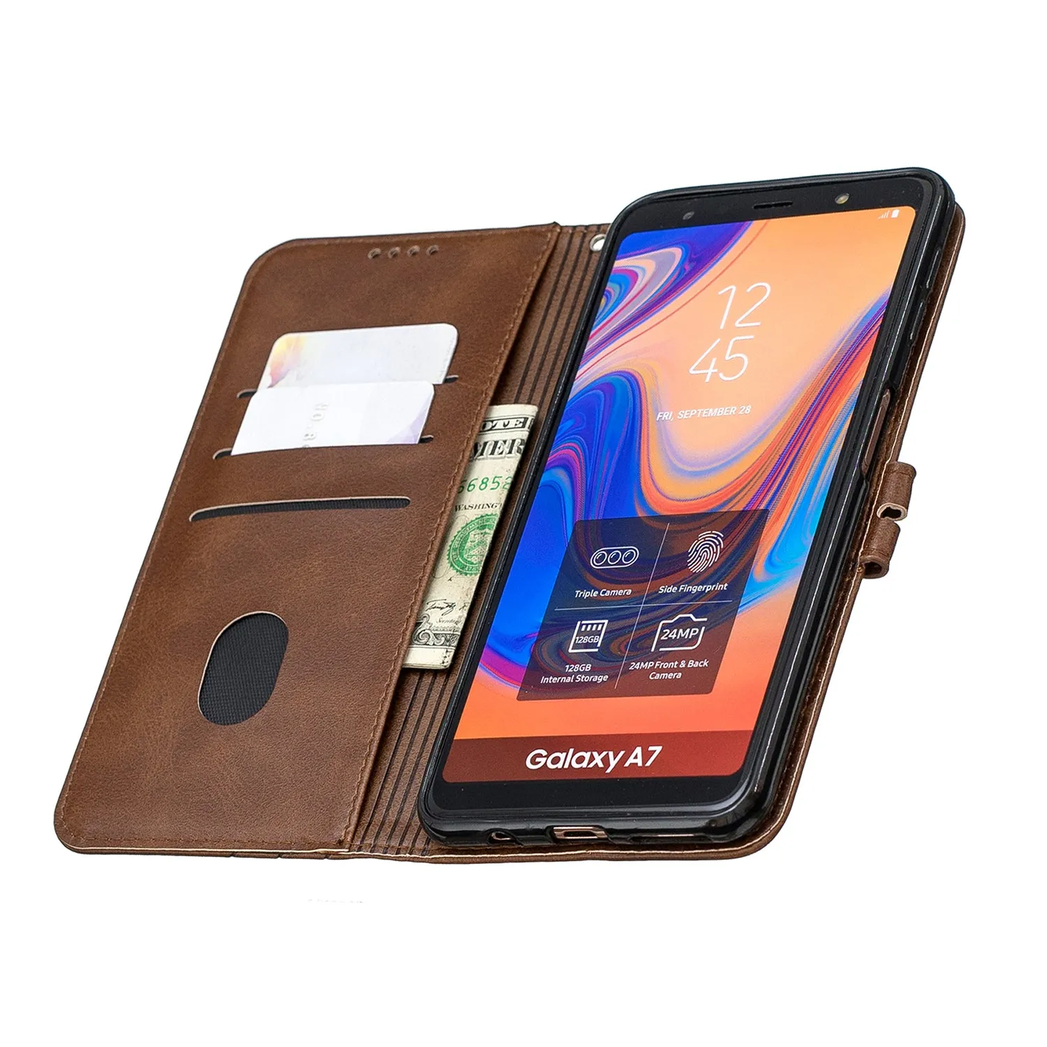 For Samsung A7 2018 Denim Pattern Solid Color Flip Wallet PU Leather Protective Phone Case with Buckle & Bracket blue