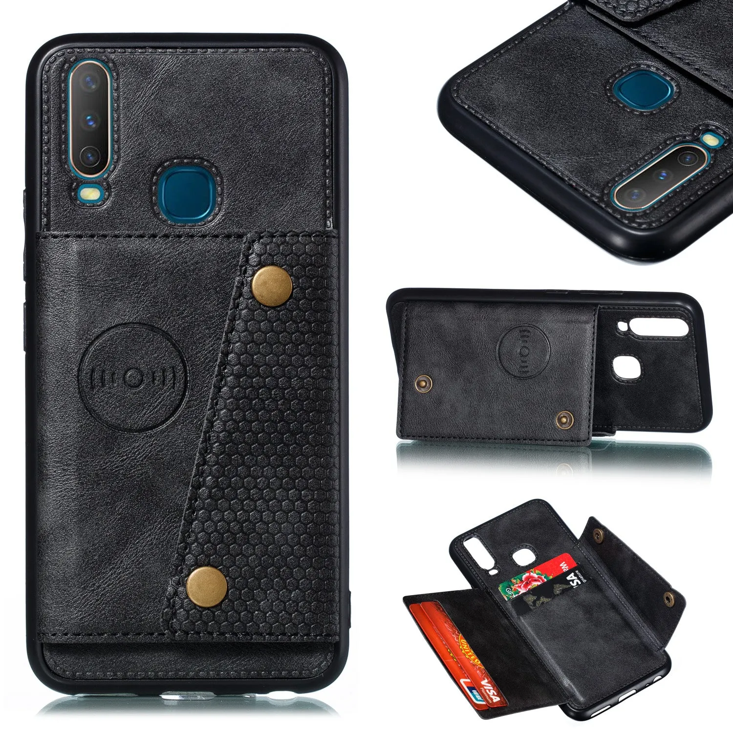 For VIVO Y17 Shockproof Double Buckle Wallet Case Cell Phone Case PU Leather Flip Stand Phone Cover With Card Slots black