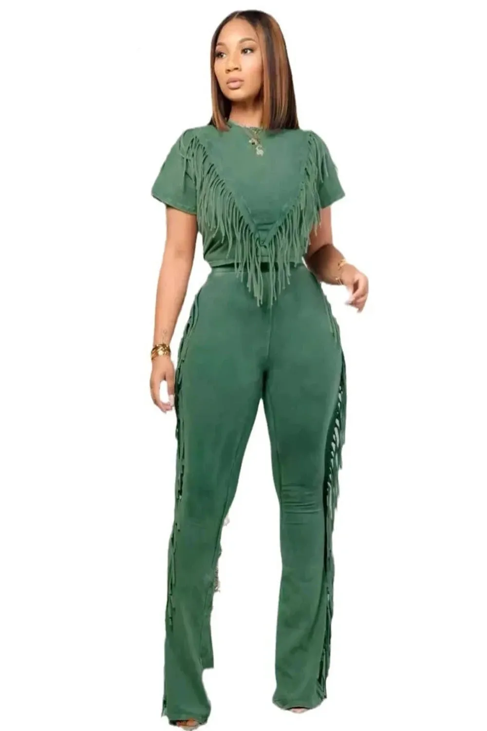 Fringe Tassel Wide Leg Flared Pants and Tank Crop Top Pant Set