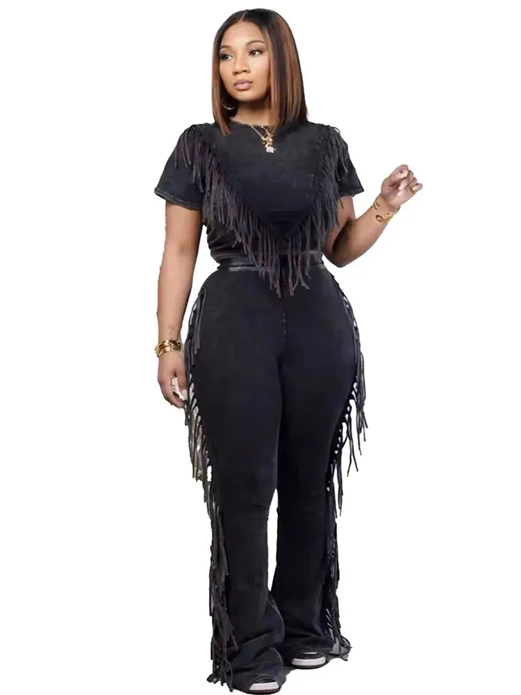 Fringe Tassel Wide Leg Flared Pants and Tank Crop Top Pant Set