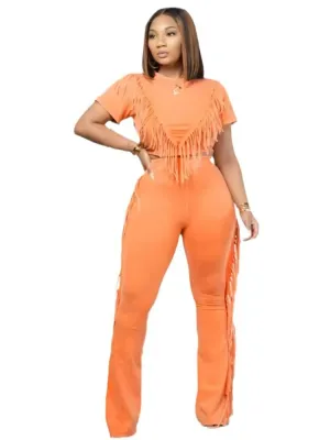Fringe Tassel Wide Leg Flared Pants and Tank Crop Top Pant Set