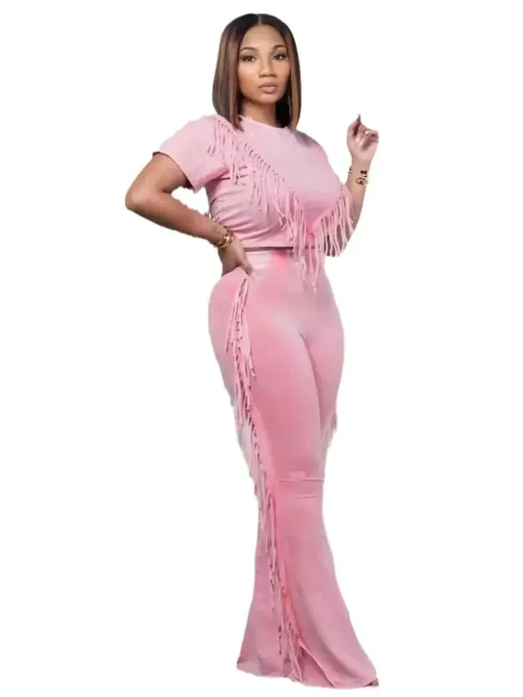 Fringe Tassel Wide Leg Flared Pants and Tank Crop Top Pant Set