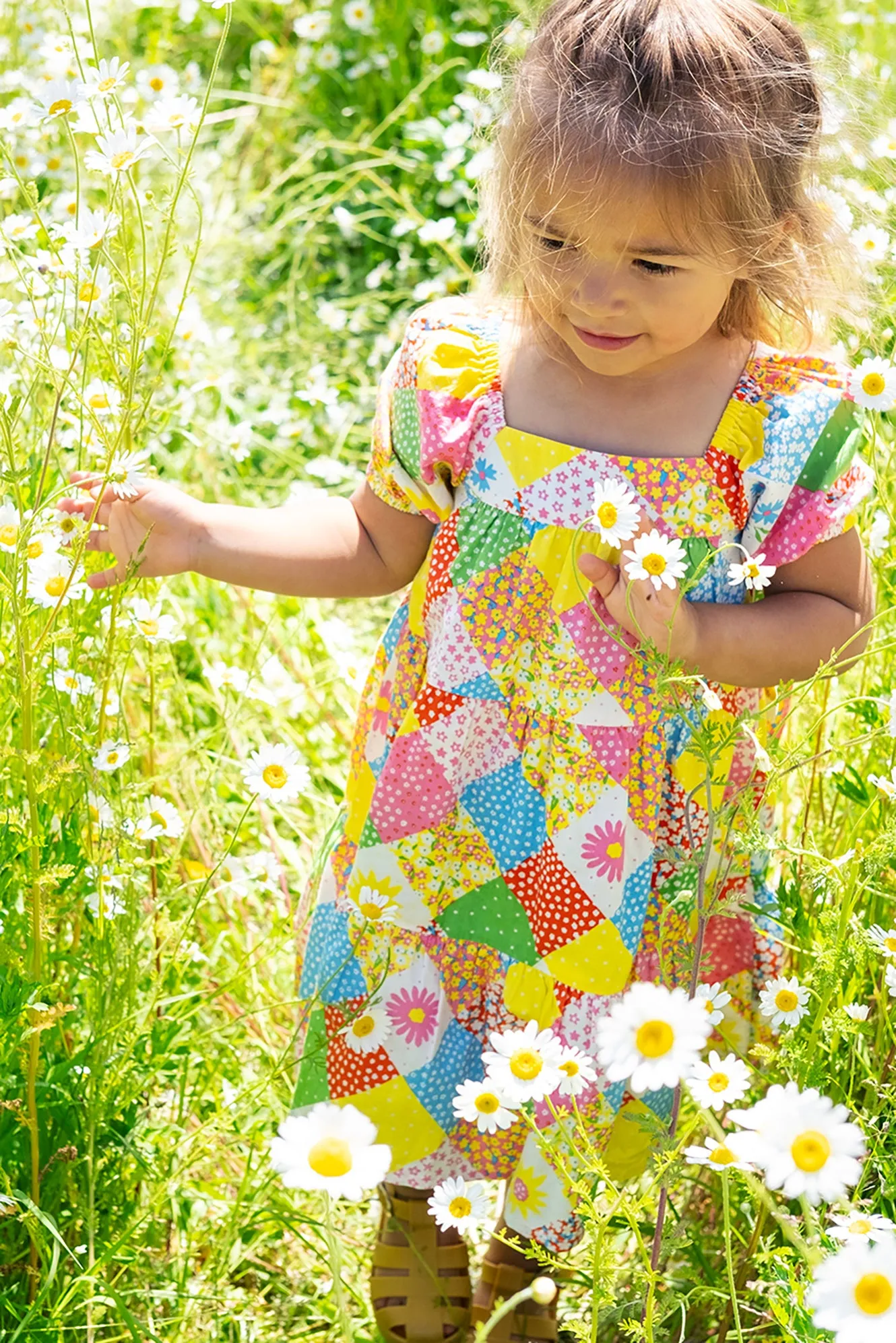 Frugi Shaya Tiered Dress, Patchwork Dress- Rainbow patchwork - Kid's Summer Clothing