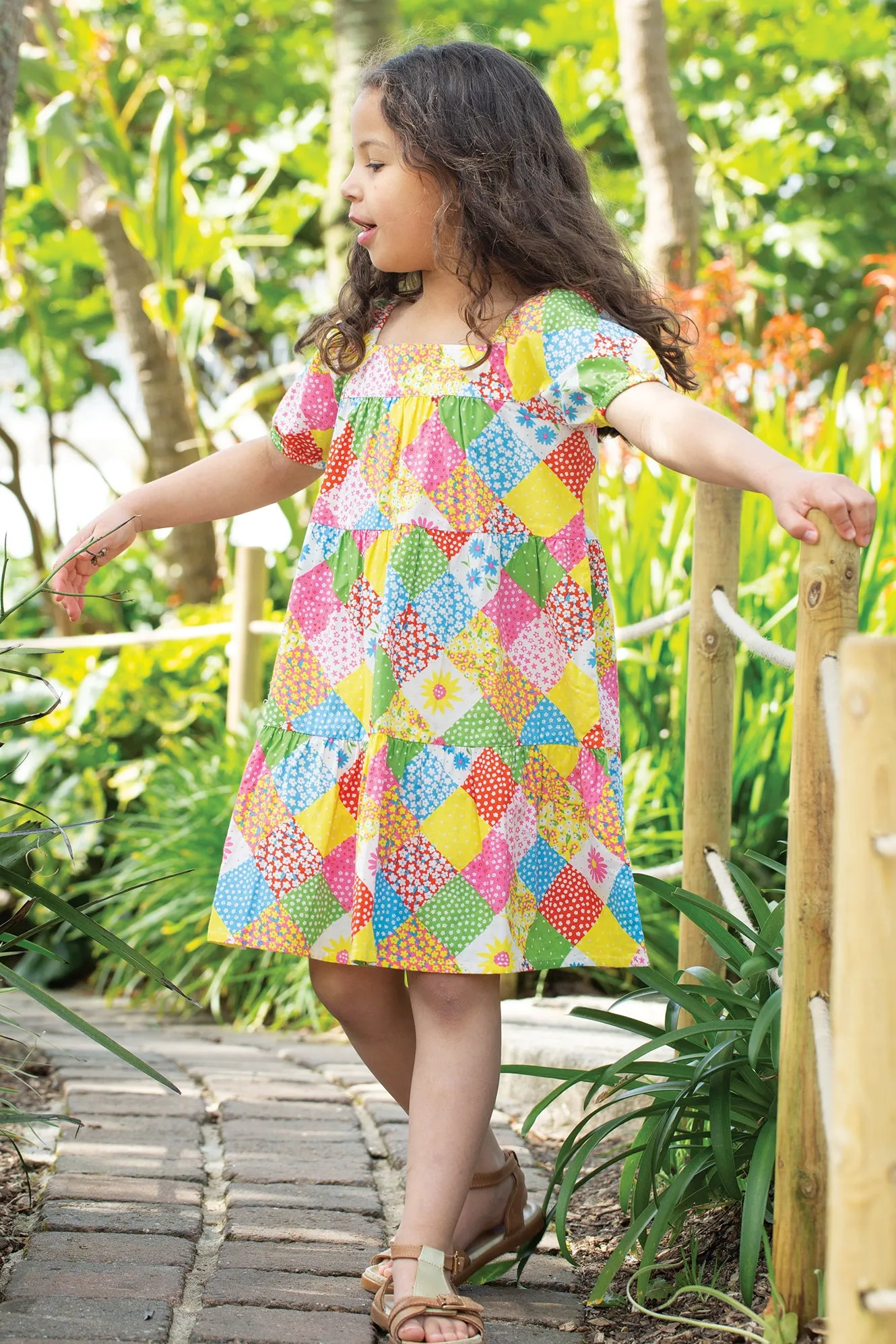 Frugi Shaya Tiered Dress, Patchwork Dress- Rainbow patchwork - Kid's Summer Clothing