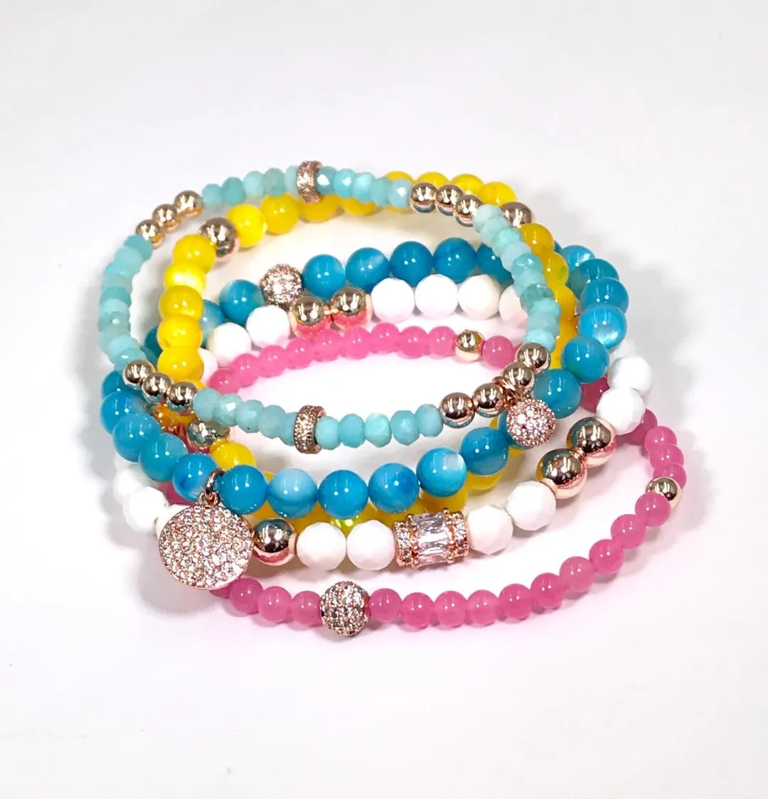 Gemstone Beaded Pave Layering Stretch Bracelets