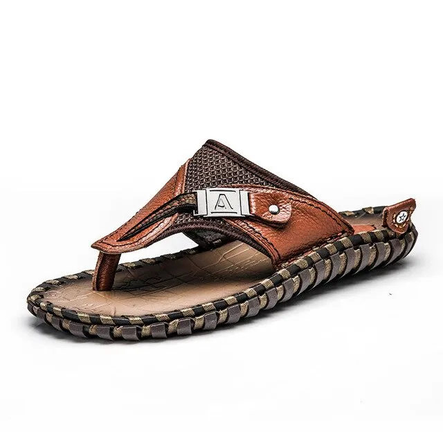 Genuine Leather Men Slippers 2020 Summer Beach Shoes Men Flip Flops Flat Heels Male Slides Luxury Men Shoes Plus Size 48
