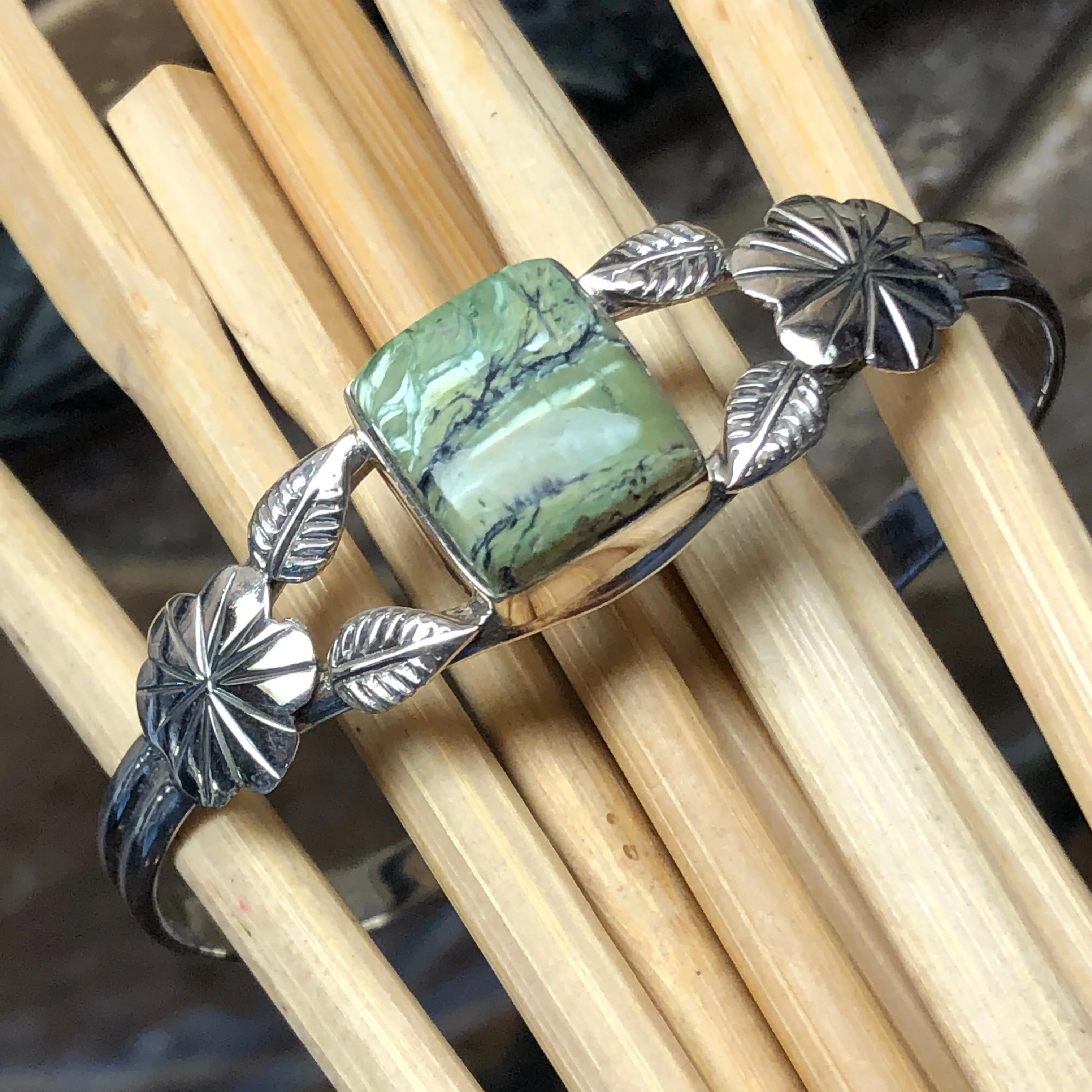Genuine Serpentine Opalite 925 Solid Sterling Silver Cuff Bracelets