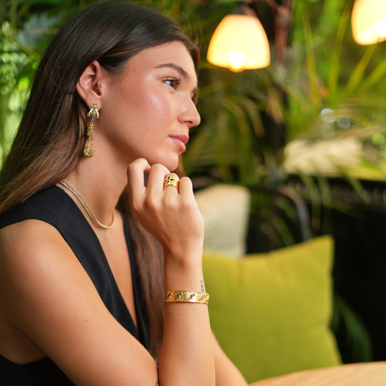 Geometric Sapphires & Gold Design Cuff Bracelet