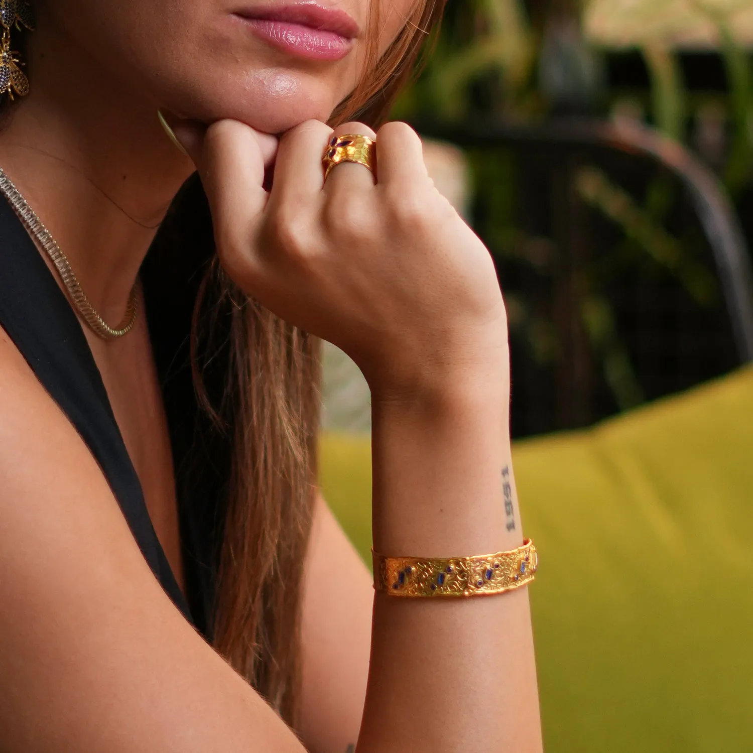 Geometric Sapphires & Gold Design Cuff Bracelet