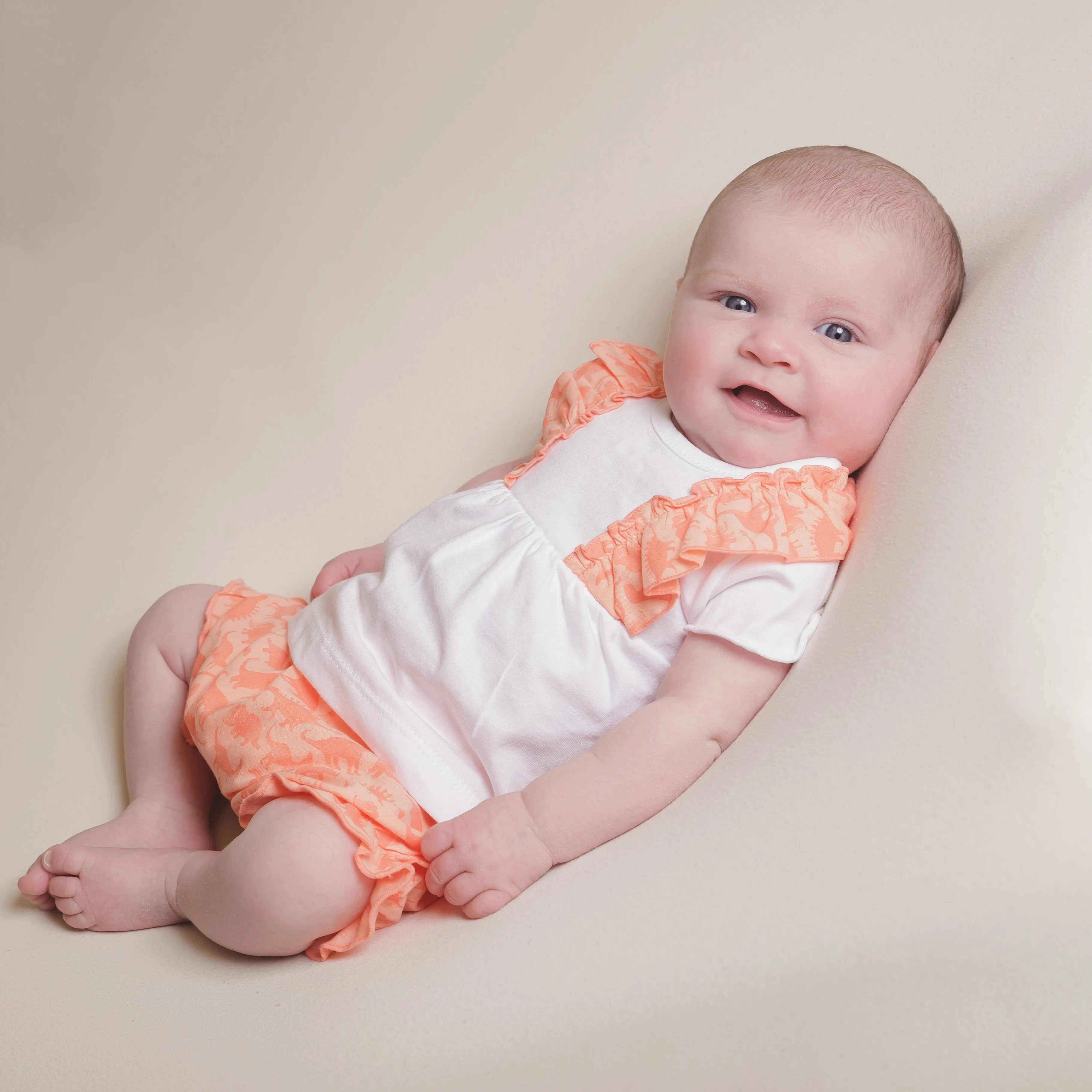Girls Coral Frill Bow Dino Top & Bloomers