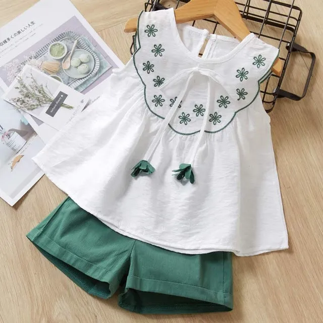 Girls summer Clothing Floral Chiffon Halter Embroidered Shorts Straw
