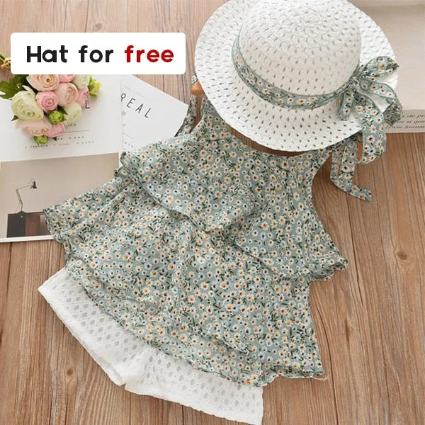 Girls summer Clothing Floral Chiffon Halter Embroidered Shorts Straw