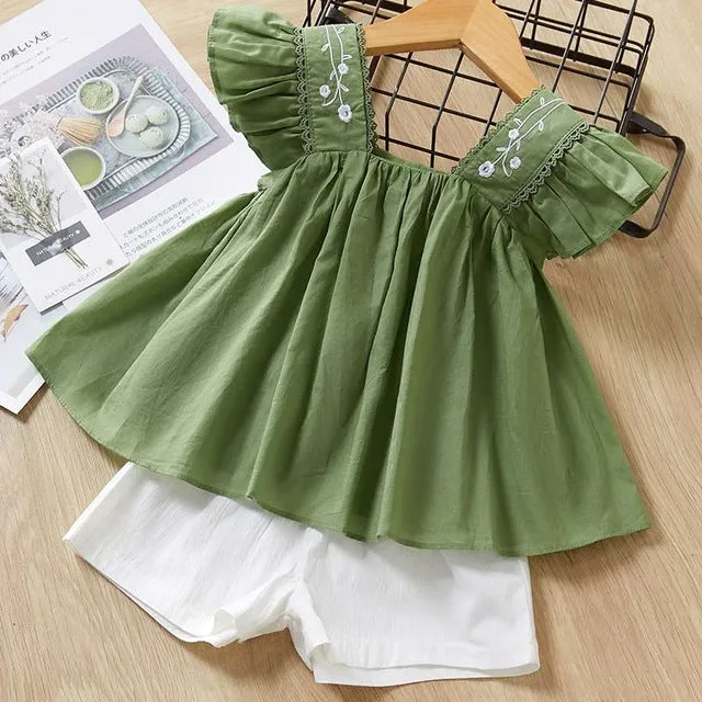 Girls summer Clothing Floral Chiffon Halter Embroidered Shorts Straw