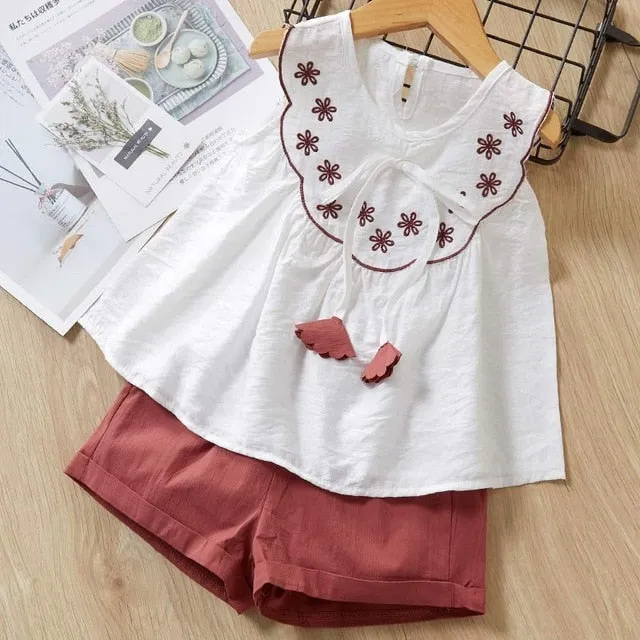 Girls summer Clothing Floral Chiffon Halter Embroidered Shorts Straw