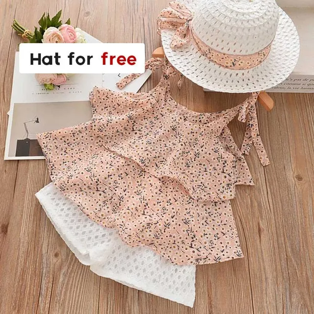 Girls summer Clothing Floral Chiffon Halter Embroidered Shorts Straw